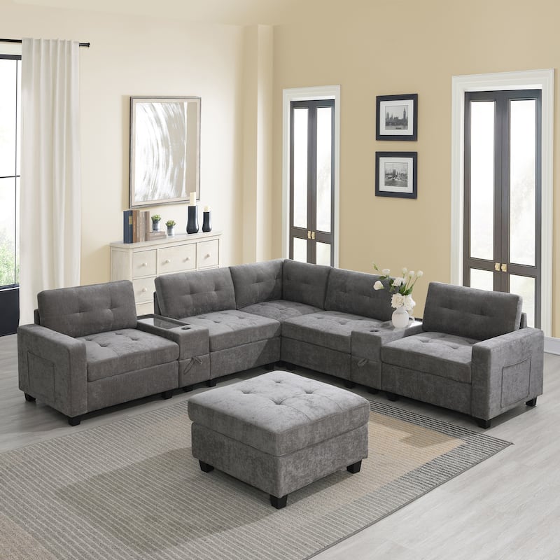 U Shaped Sectional Couch Set w/ USB Charger, Storage Drawers & Pockets