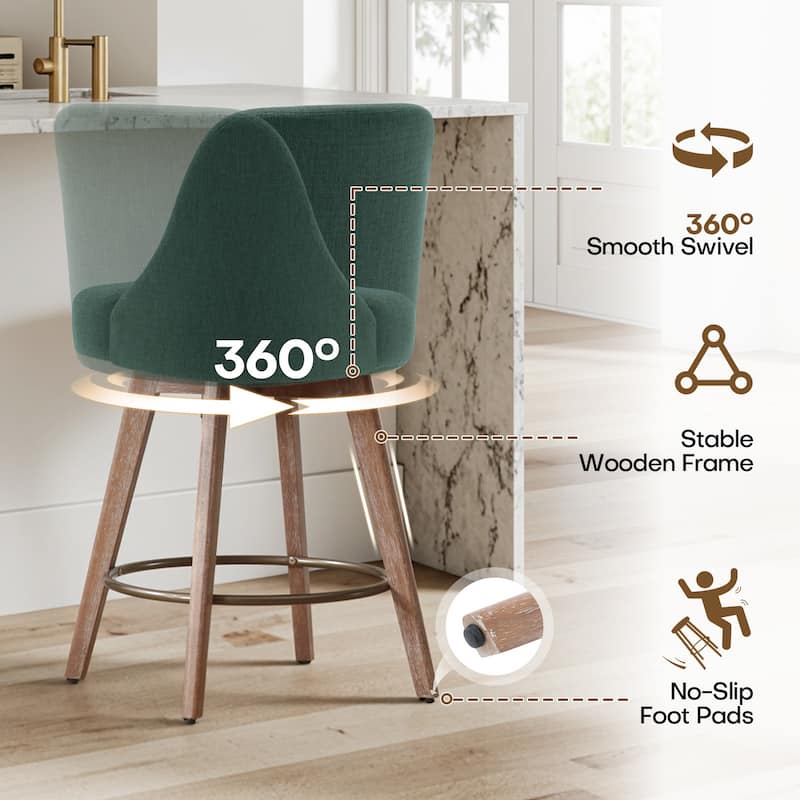 26" Upholstered Counter Height Swivel Bar Stool, Counter Stools with Solid Wood Legs - 39.37"H x 22.44"D x 21.65"W