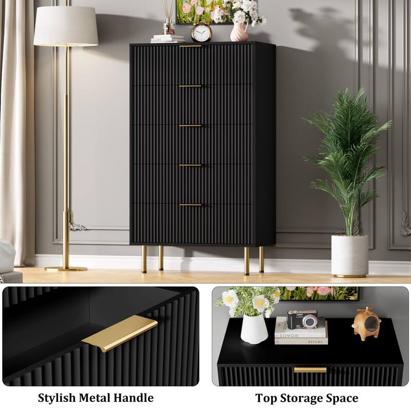 5 Drawer Fluted Dresser for Bedroom, Modern Wooden Storage Chest with Gold Handles