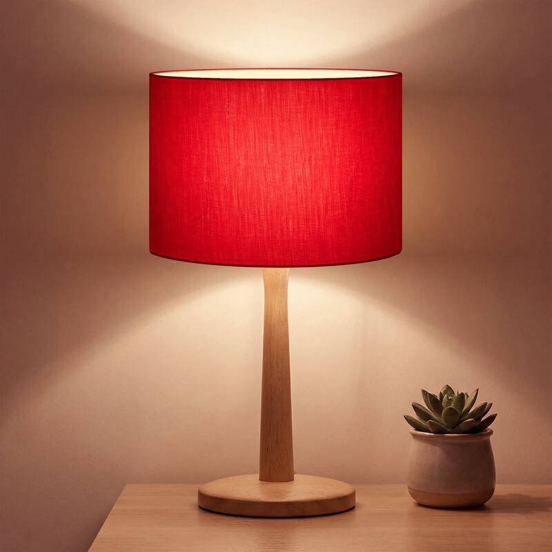 16.3 in. Modern Natural Wood Table Lamp with Linen Fabric Shade - Red