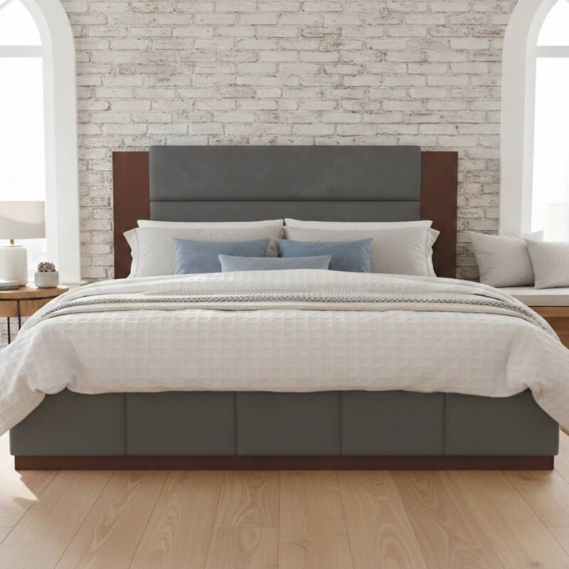 GDFStudio - Velvet Wooden Platform Bed with Extended Headboard