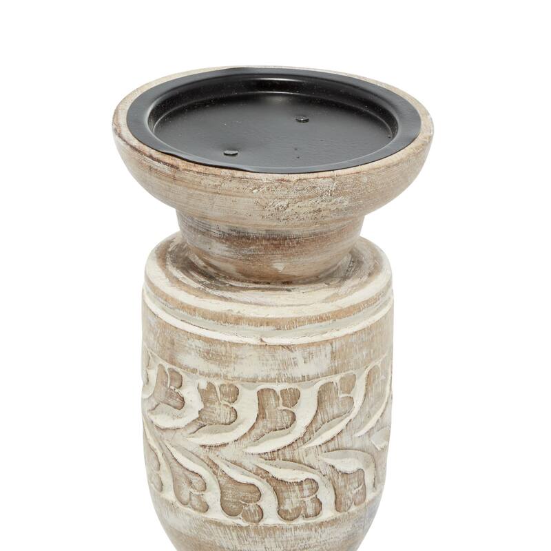 Beige Wood Handmade Decorative Candle Holder with Carved Designs (Set of 3)