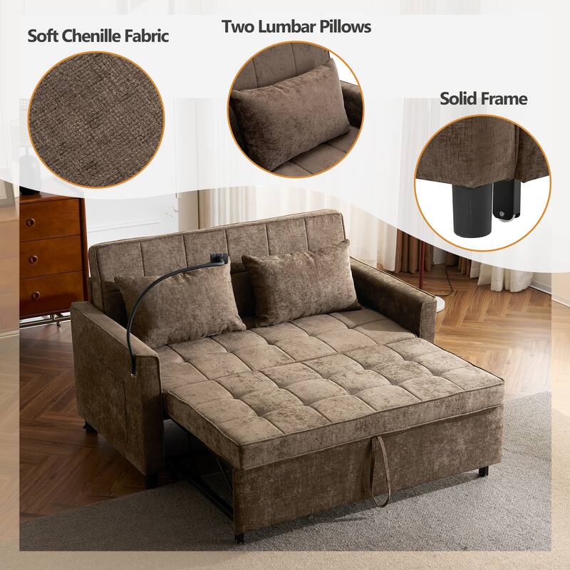 Roomfitters Loveseat Pull-Out Sofa Bed with Reversible Backrest Cushion, Side Pockets, USB Ports, and Phone Holder