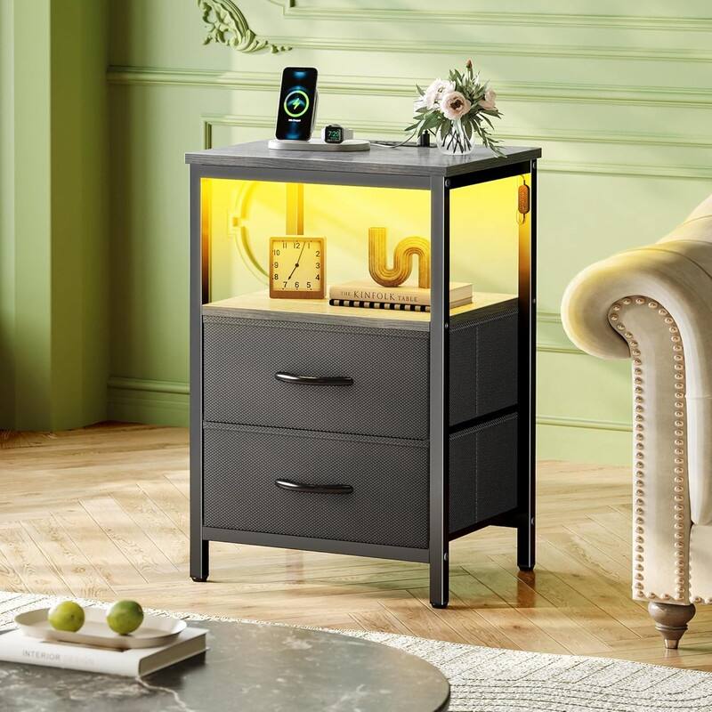 2 Drawer Night stand with Charger Station and LED Lights