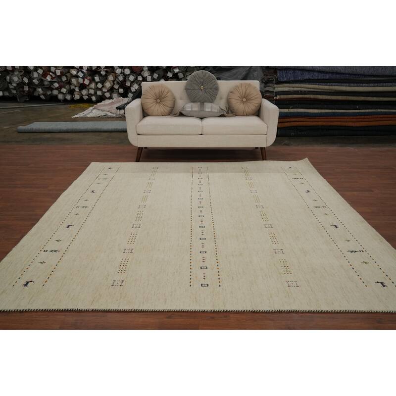 Hand Knotted Oriental 100% Wool Carpet Tribal Animal Pictorial Beige & Ivories Gabbeh Area Rug - 8' 0'' X 8' 0''