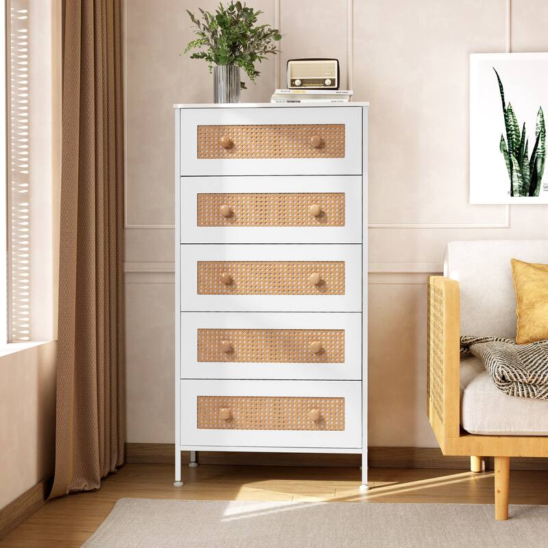 5-Drawer Closet Dresser Chest PE Rattan Storage Tower Organizer Cabinet - White - 5-drawer