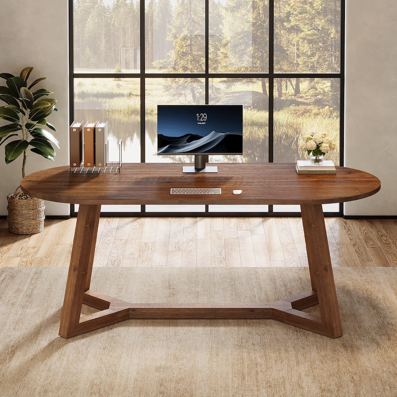 Solid Wood Home Office Desk, Executive Computer Writing Table, Study Room Workstation Accent Desk