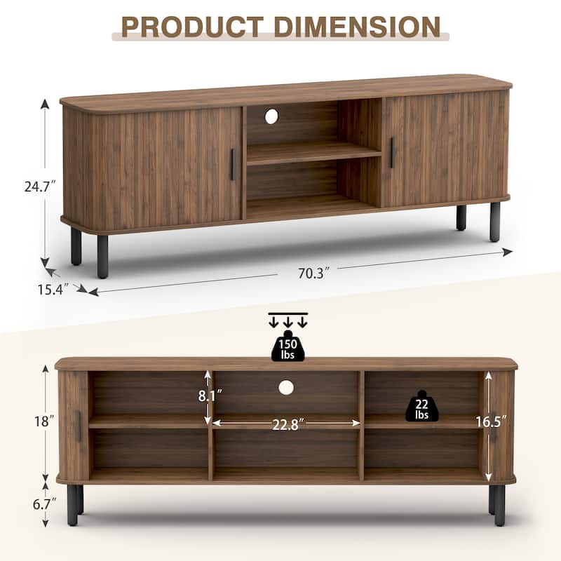 EROMMY 70" Modern TV Stand for 80 Inch TVs, Media Console with Sliding Doors and Storage Shelves