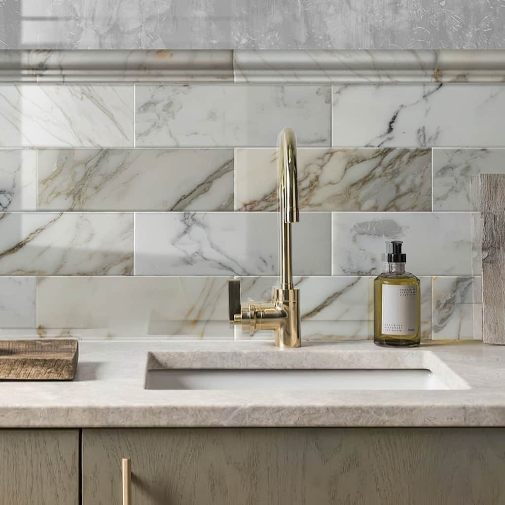 Apollo tile 2 x 12 Grandis Polished White Calacatta Gold Marble Tile (1.67 sq ft/case) - 10 Pack
