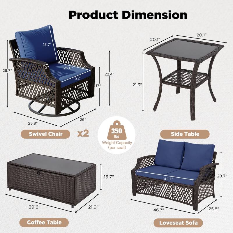 Outdoor Wicker Patio Set w Swivel Chairs & Sofa, Ottomans and Tables, Modular 3/5/6/7-Piece, All-Weather Conversation Set.