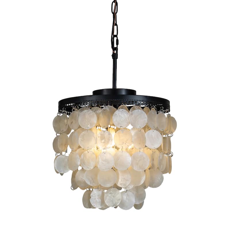 3-Light Indoor Capiz Shell Chandeliers 13" Coastal Decor Pendant Lighting-OB - 14 inches - Matte Black