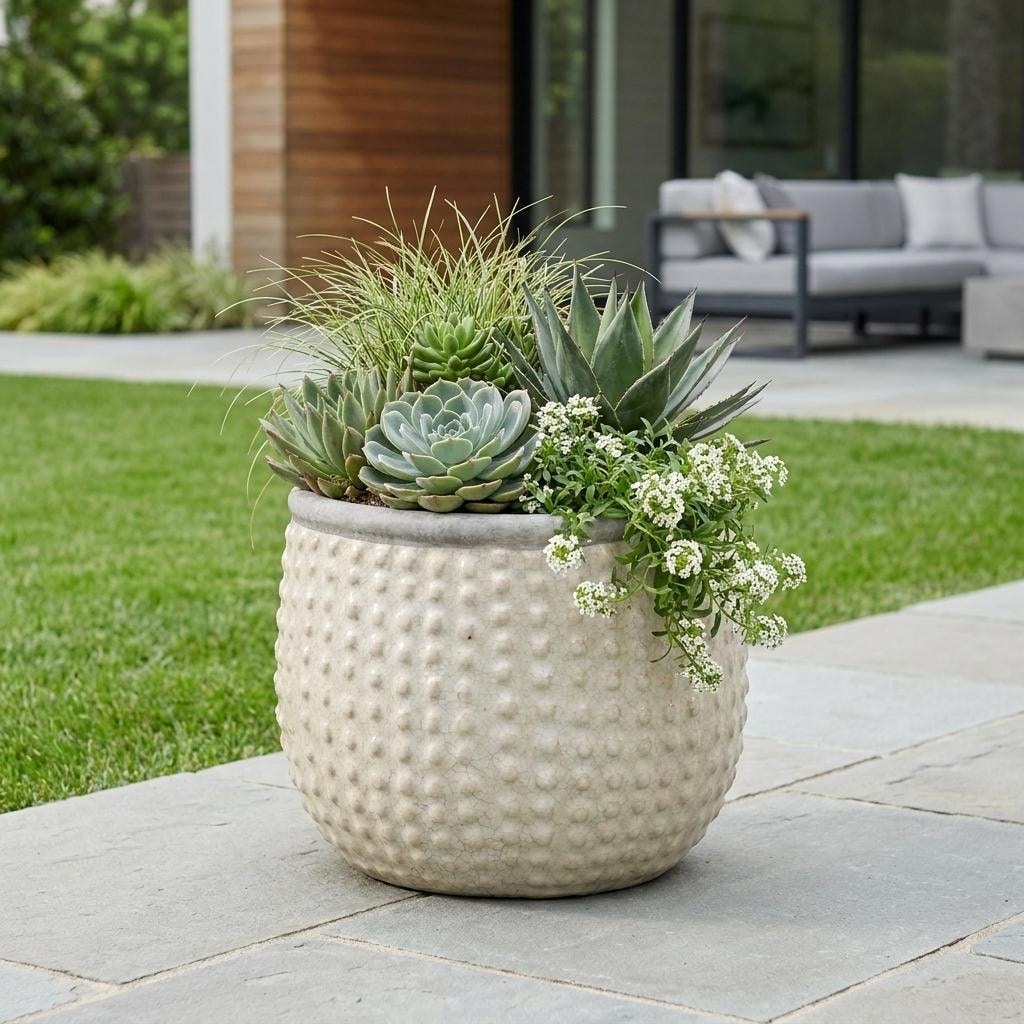 HomeRoots 6" Beige Dot Ceramic Indoor Outdoor Round Pot Planter