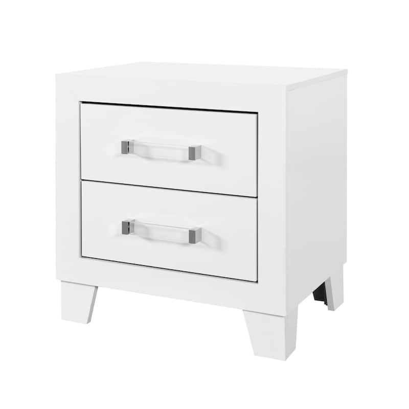 White 2 Drawer Wood Nightstand with Acrylic Handles Modern Bedside Table for Bedroom Decor