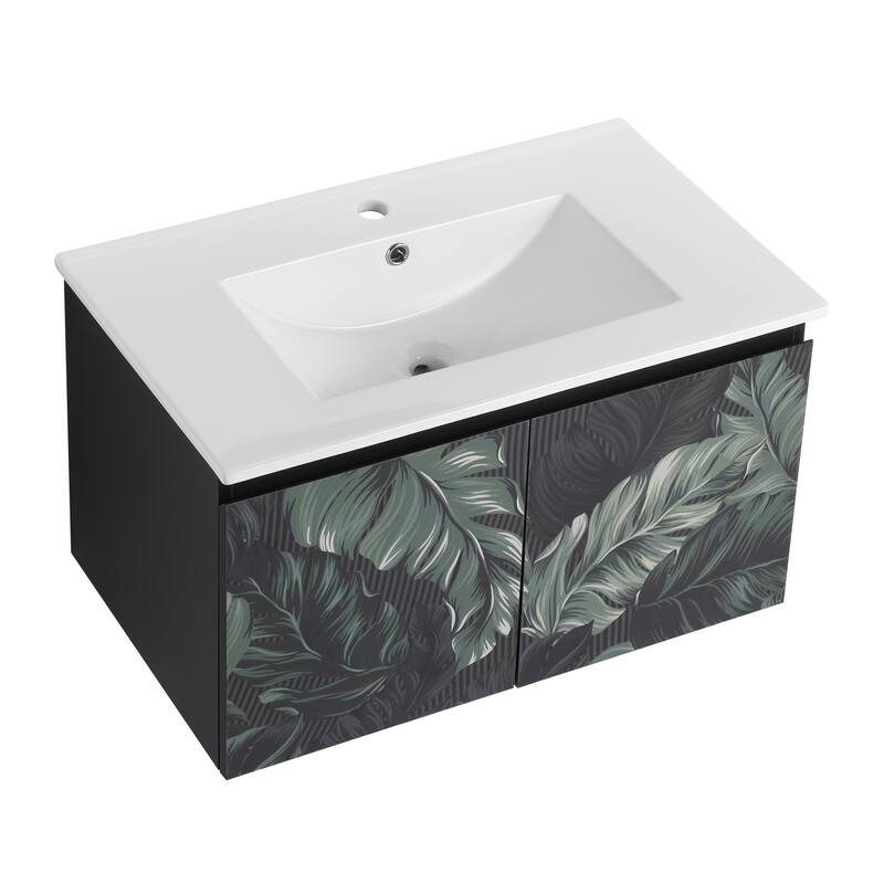 30" Floating Wall-Mounted Bathroom Vanity with Soft-Close Door Hinges, Ceramic Sink & Ample Storage