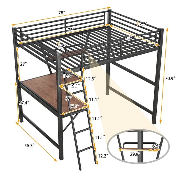Full Loft Metal Bed with Built-in Desk & Shelf for Kids, Teens, Adults