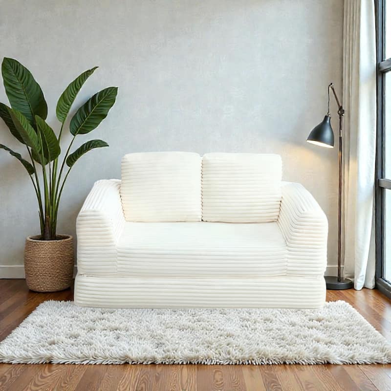 2 in 1 Folding Sofa Bed Loveseat, Corduroy Convertible Sleeper Couch with Pillows, Boneless Floor Futon - Beige