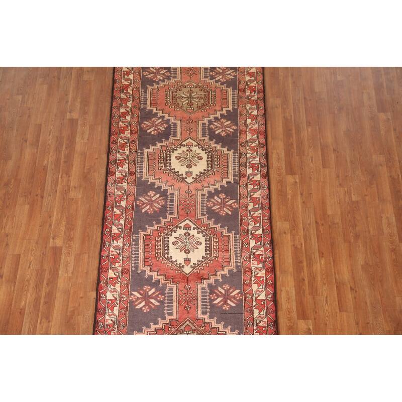 Geometric Ardebil Persian Vintage Runner Rug Hand-Knotted Wool Carpet - 3'10"x 8'6"