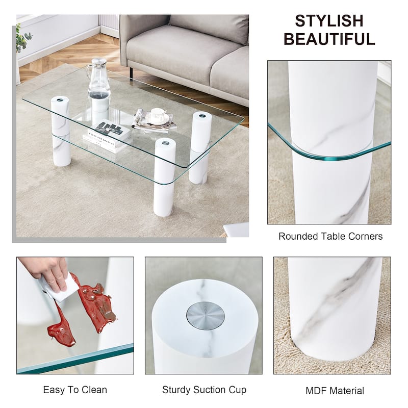 47.2" Modern Rectangular Coffee Table with Tempered Glass Shelf, Sturdy Grip and Thick Base Support