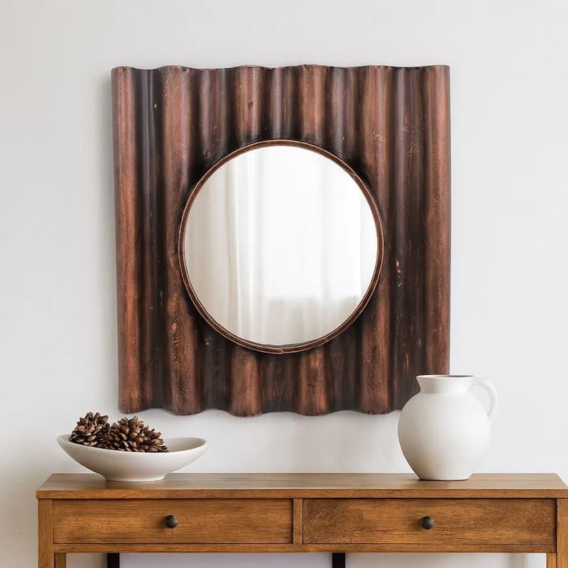 Traditional Style Wooden Round Mirror with Panpipe Style Frame , Brown - clear