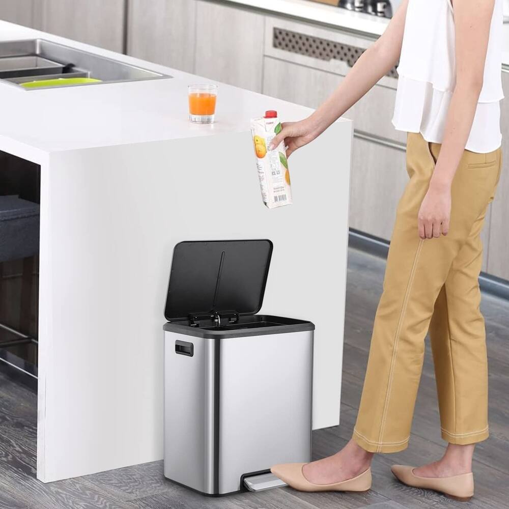 Hands-Free Stainless Steel Dual Trash Can 2 x 4 Gal (2 x 15L) with Lid and Inner Buckets