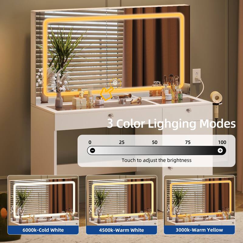 Moasis 47" Vanity Desk with LED and Power Outlets, Makeup Vanity Dressing Table with Dividers and Hair Dryer Rack
