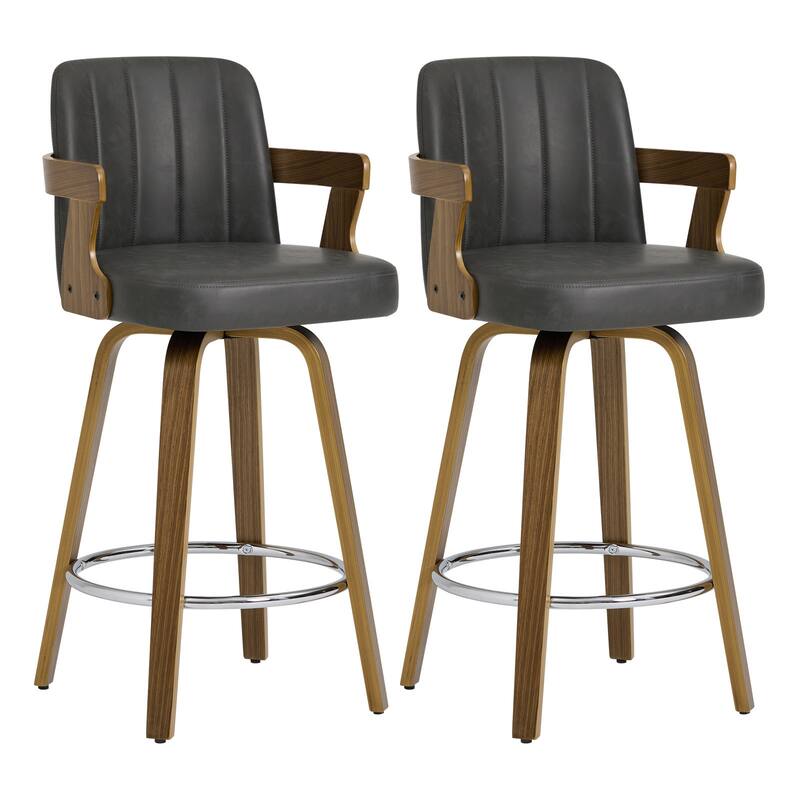 Upholstered Swivel Barstool with Arms and Bentwood Legs - 40.8"H x 18.9"W x 19.5"D/19.3"D