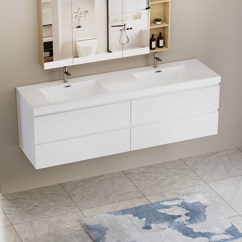 Wall 72" Floating Bathroom Vanity with Sink & and 4 Soft Close Drawers,White/Oak/Grey - 72 inch