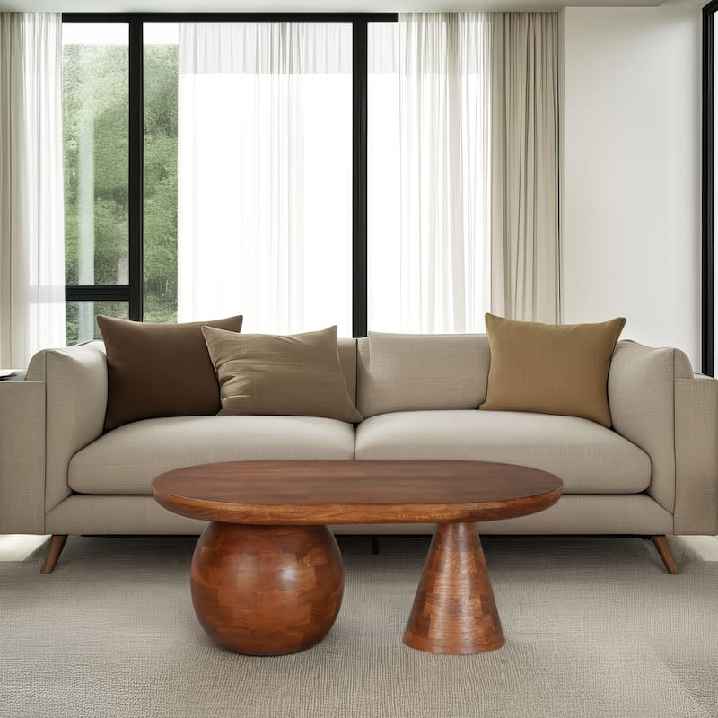 Leeds Coffee Table | 38" Handmade Walnut Brown Mango Wood Oval Top | Round Ball and Cone Base