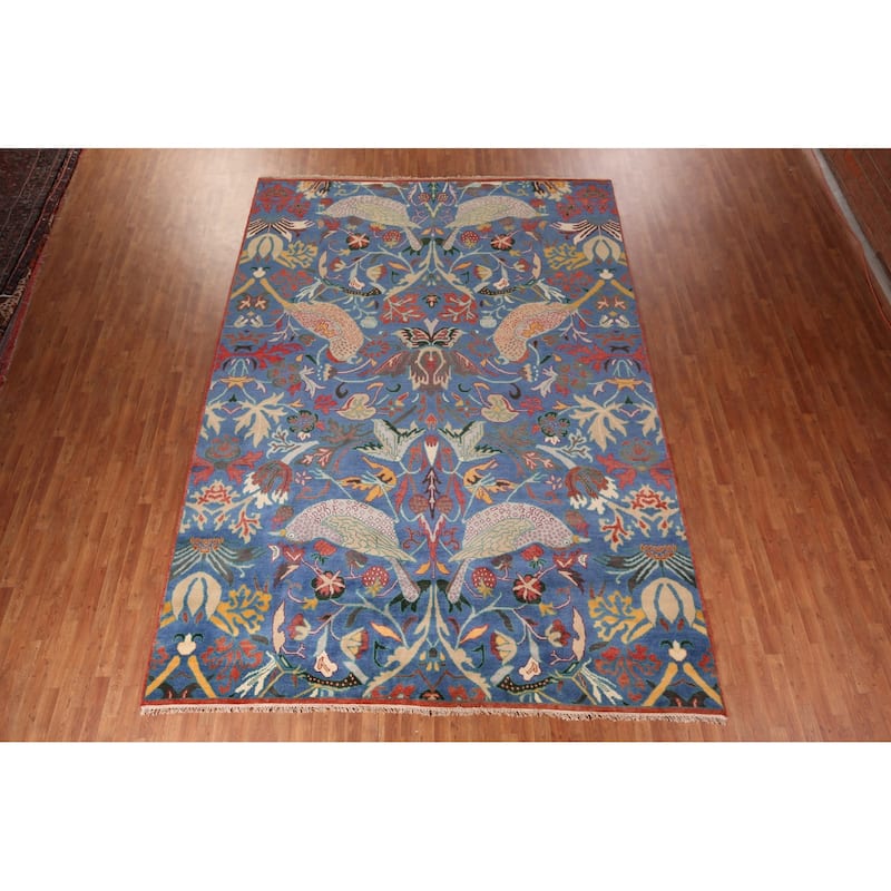 Animals Design Blue Ziegler Oriental Area Rug Hand-Knotted Wool Carpet - 9'11" x 13'8"