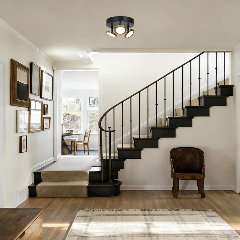 Modern Black Brass 3-Light Integrated LED Semi Flush Mount Ceiling Light with Adjustable Disc Heads - D 9" x H 5.5"