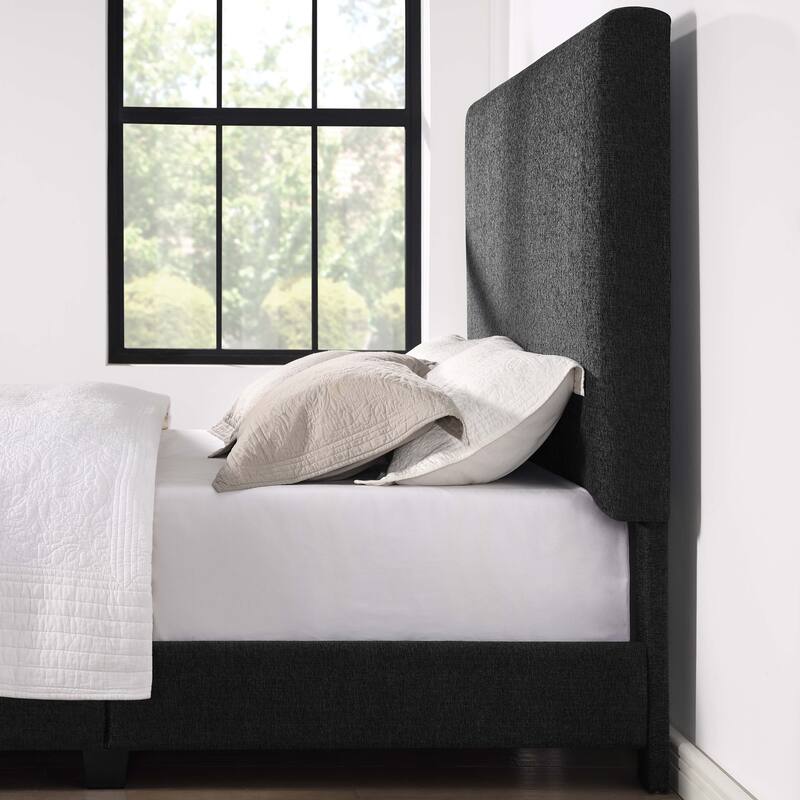 Charcoal Grey Upholstered King Size Platform Bed with Padded Headboard