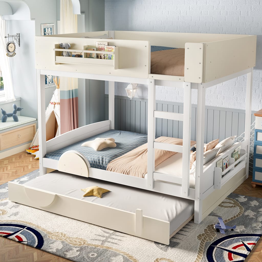 Roomfitters Car Shaped Bunk Bed with Trundle and Bookshelf, Solid Wood Auto Frame