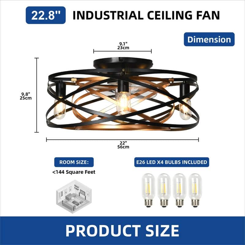 22'' Low Profile Ceiling Fans with Lights and Remote Control, 6 Speeds Caged Flush Mount Ceiling Fans