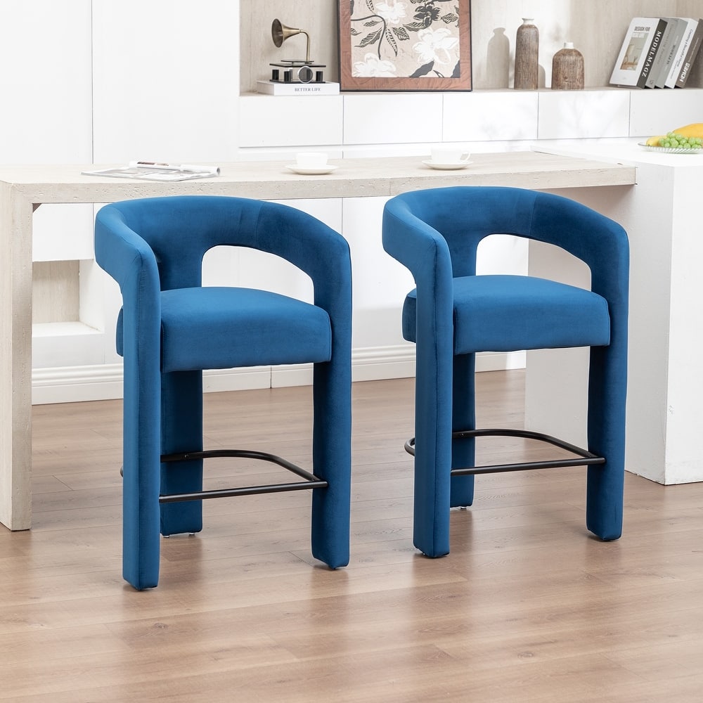SEYNAR Modern Velvet 34.6''H Fixed Height Open-Back Bar Stool with Metal Footrest Set of 2