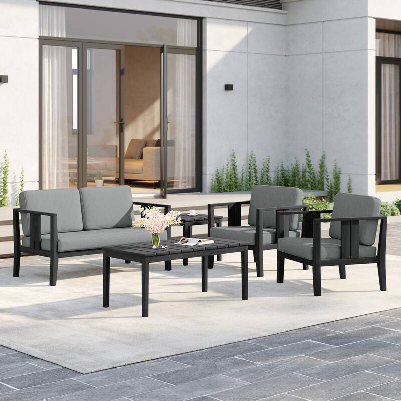 5-Piece Patio Furniture Solid Teak Outdoor Conversation Set - Grey - Blackframe