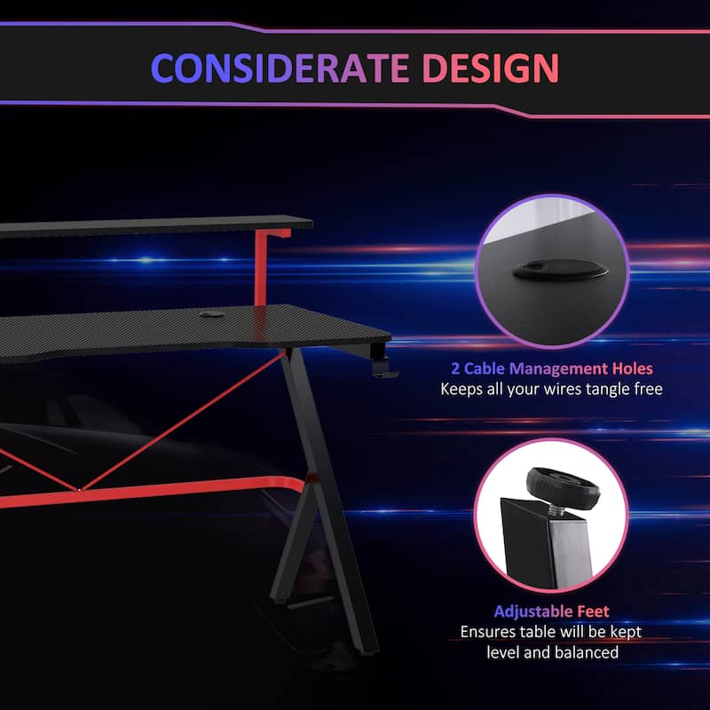 Racing Style 47" Gaming Desk with Double Layer Top, Carbon Fiber Surface, Cup Holder & Cable Management