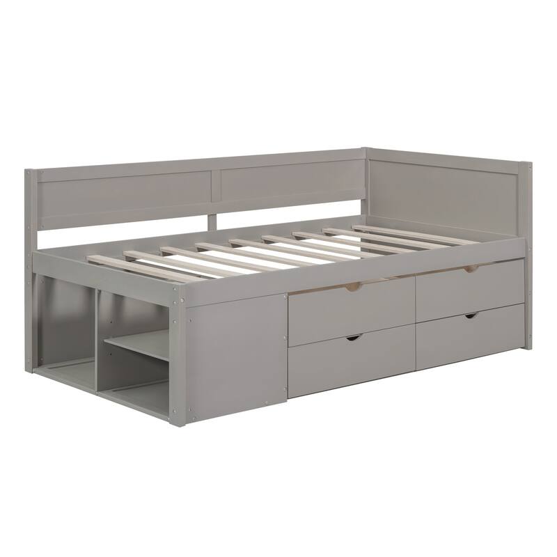 Full/Twin Size Daybed with Drawers and Shelves - Solid Wood Frame, No Box Spring Required, Elegant and Space-Saving Design
