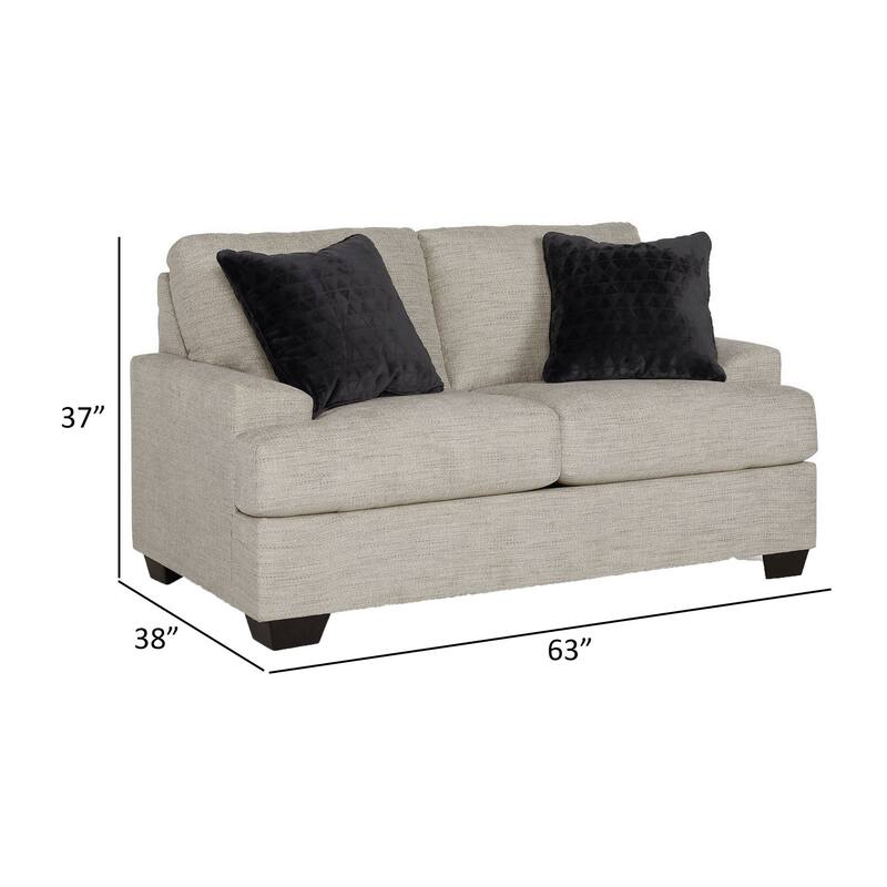 Roy 63 Inch Loveseat, 2 Throw Pillows, Angular Arms, Light Gray Polyester