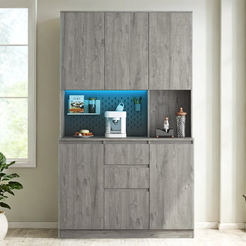 74" Modern Kitchen Pantry Cabinet with Charging Station and LED Lights