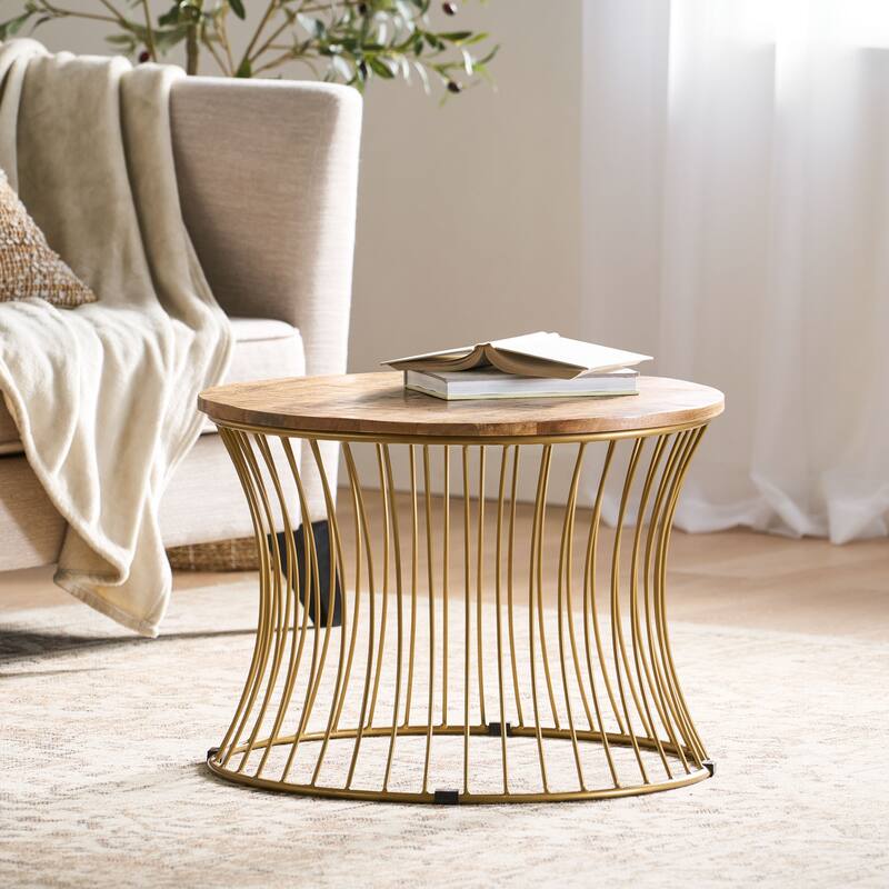 25.2" Boho Round Coffee Table with Hourglass Shaped Base and Mango Wood Top - Natural