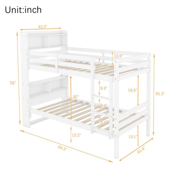 dimension image slide 1 of 2, Bookcase Headboard Bunk Bed with Safety Guardrails and Ladder, Convertible to 2 Beds, Twin Over Twin