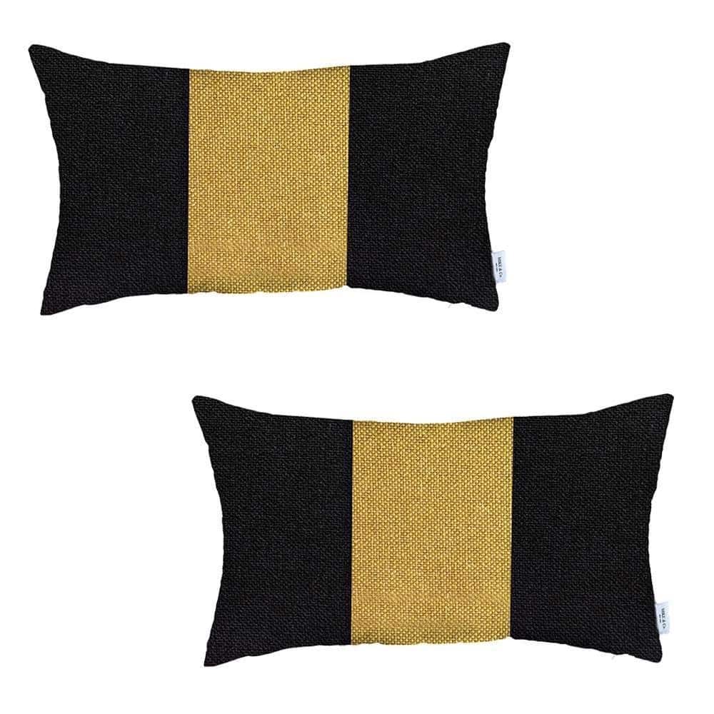 HomeRoots Set Of Two 20" X 12" Black And Yellow Geometric Zippered Handmade Polyester Lumbar Pillow