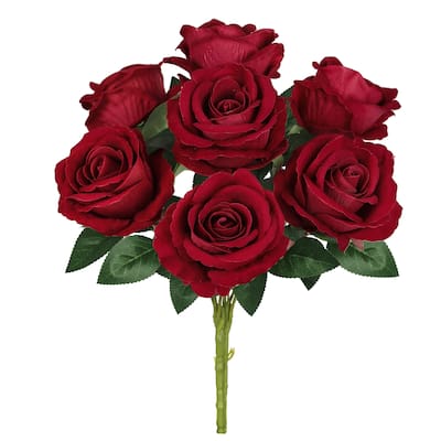 Set of 2 Red Artificial Velvet Rose Flower Stem Bush Bouquet 16in - 16" L x 11" W x 11" DP