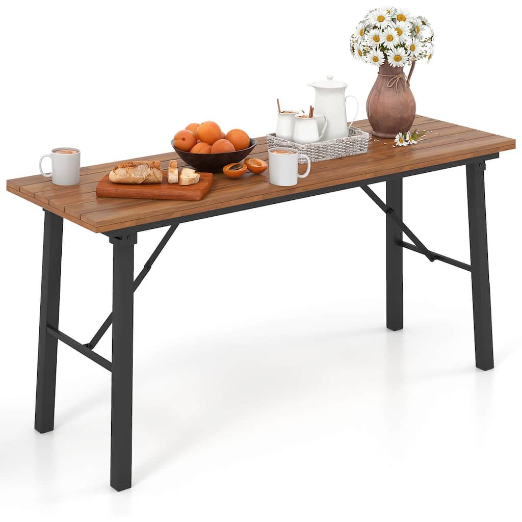 Gymax Patio Folding Picnic Table Acacia Wood Dining Table w/ Metal