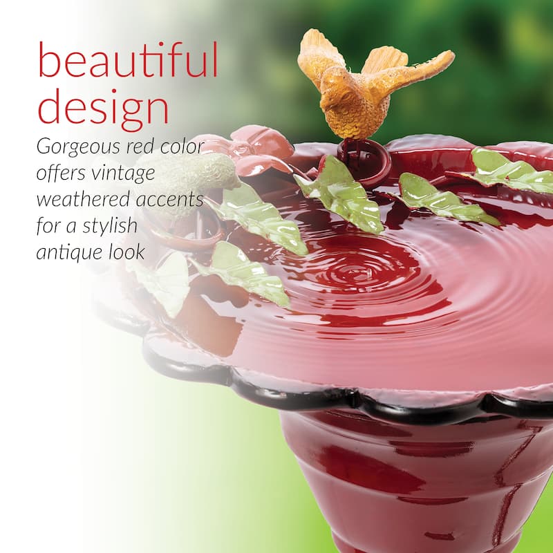 Alpine Corporation - 28" Tall Outdoor Metal Birdbath with Birds and Leaves Yard Statue Decoration, Red