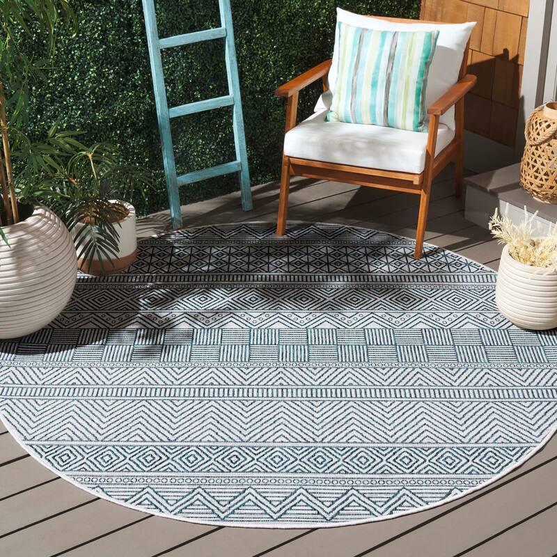 SAFAVIEH Courtyard Rozenn Indoor/ Outdoor Waterproof Patio Backyard Rug - 6'7" Round - Ivory/Turquoise
