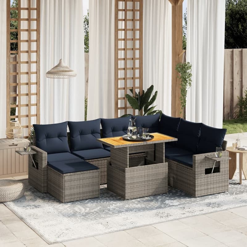 vidaXL Patio Sofa Set with Cushions Outdoor Furniture 8 Piece Poly Rattan - 21.7 x 24.4 x 27.2 - Grey-3x middle + Table + corner