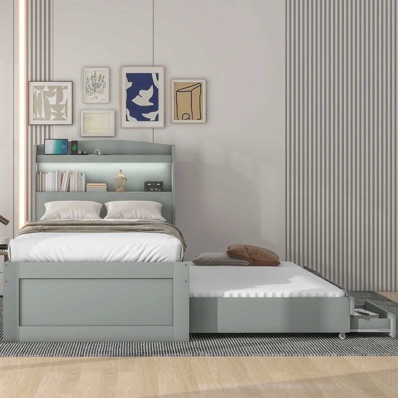 Twin XL Size Platform Bed w/Twin Size Trundle and 2 Drawers,LED Headboard,Charging Station