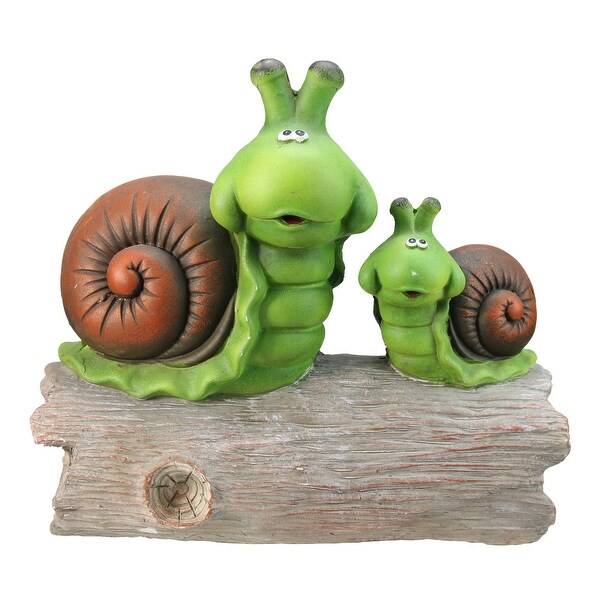 14.5” Green and Brown Mom with Baby Snail on a Tree Stump Outdoor Garden Statue - N/A