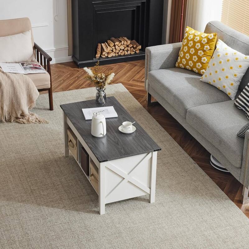 VINGLI Extensible Lift Artificial Board Black, Gray, and White Color-Blocking Coffee Table